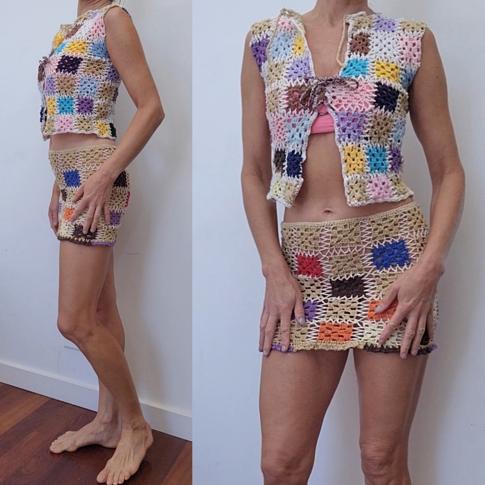 Custom SET: crochet Festival Knit checker multi color skirt + top xs  andi bagus - Picture 3 of 4